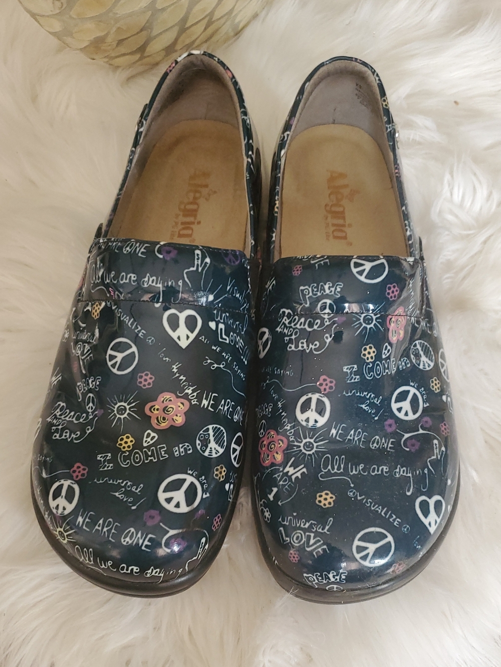 Alegria Black Peace & Floral Print Slip-On Clogs